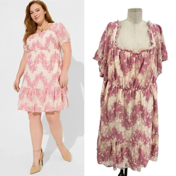 Torrid Mini Two Tone Lace Tiered Babydoll Dress Foxglove Pink Cream Plus Size 4X - Picture 1 of 13